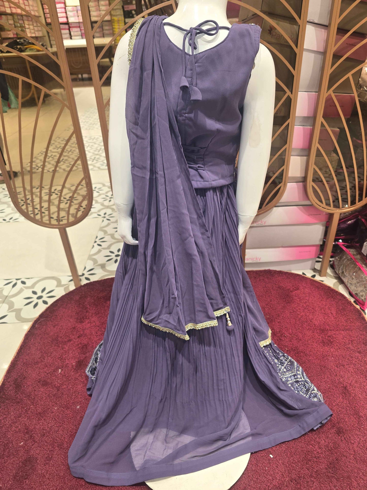 Georgette chiffon material lavender colour gaghra choli with zigzag styled sequence & thread work and handwork on round neck