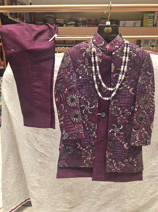 Boys Wine Dupion Silk Indo-Western Set with Multicolour Embroidered Jacket and Dual Colour Mala