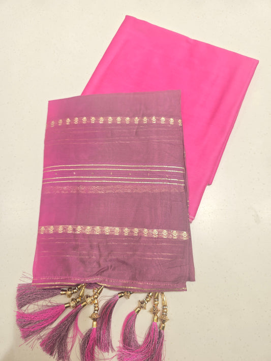 Pink White Semi Cotton Dress Material
