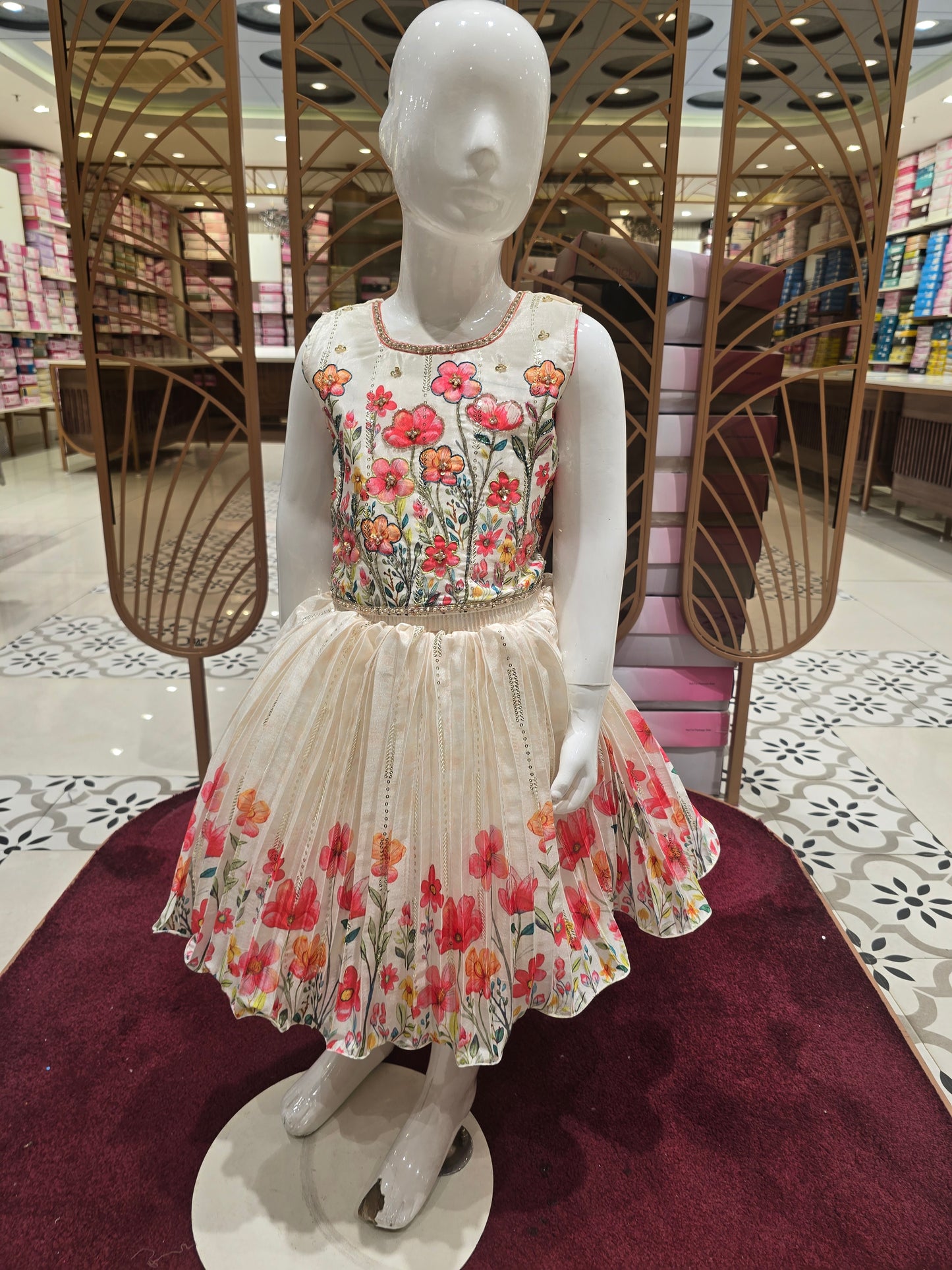 Girls Floral Sequin Printed Skirt & Top Set – Handwork Party Wear (2pcs, Sleeveless)