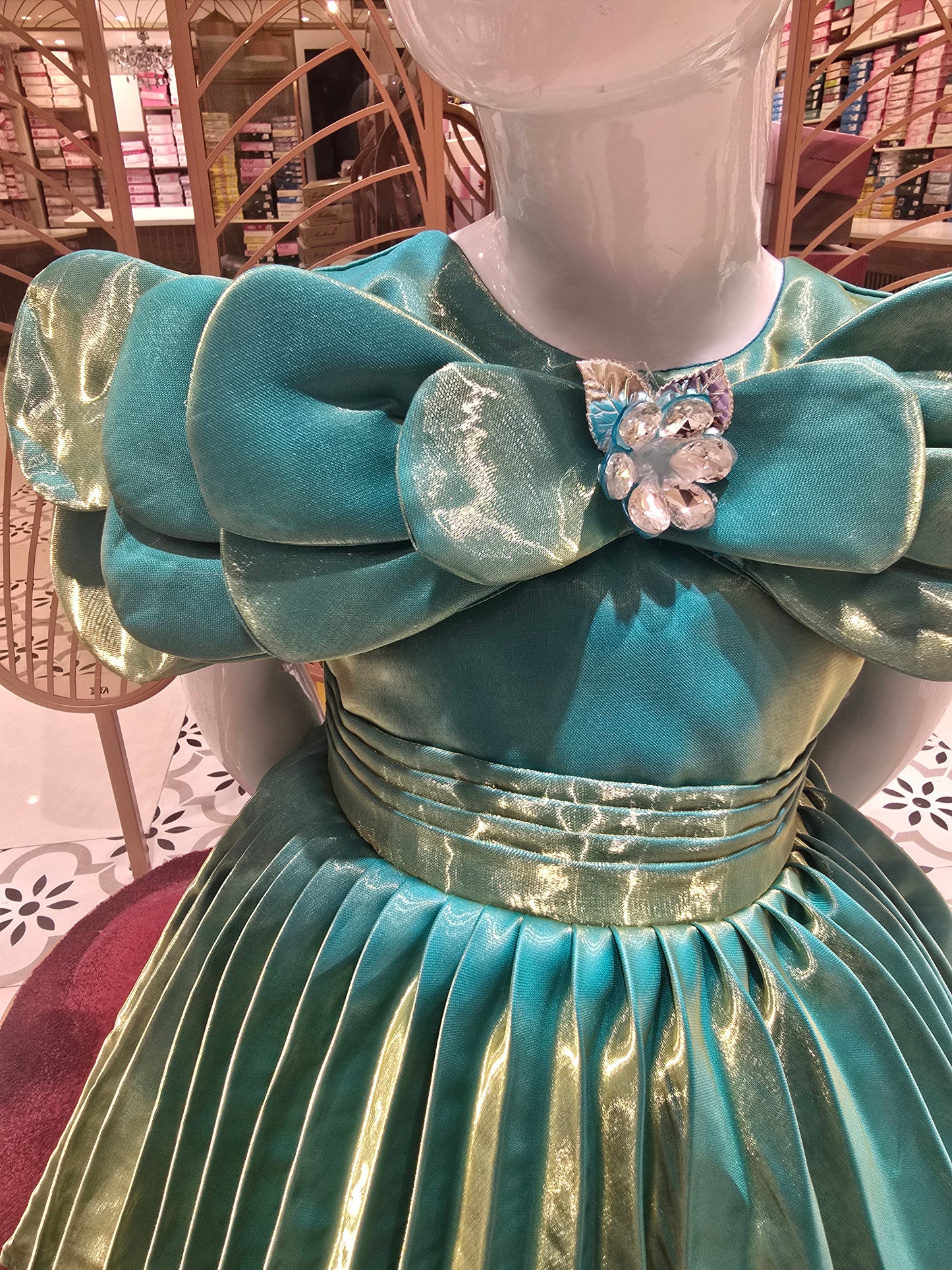 Girls Dual-Shade Satin Crush Party Wear Frock – Green & Teal Premium Western Dress