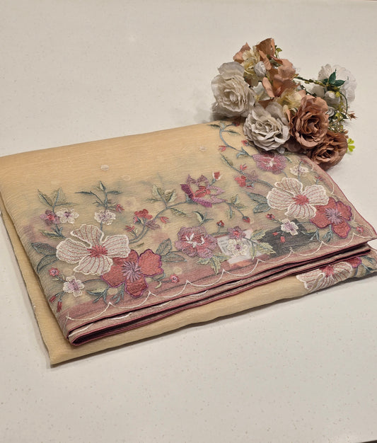 Glass Silk Saree with Crush Material, Small Butta Floral & Peacock Fancy Border – Party Wear