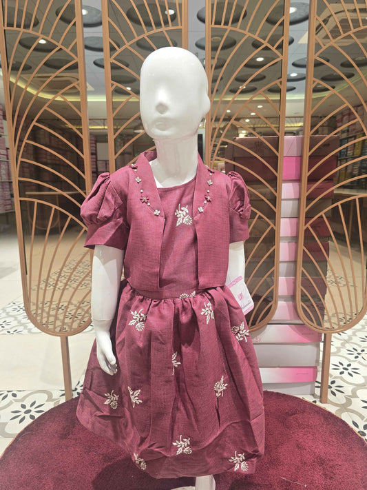 Girl Brick Colour Span Cotton Short Frock Set