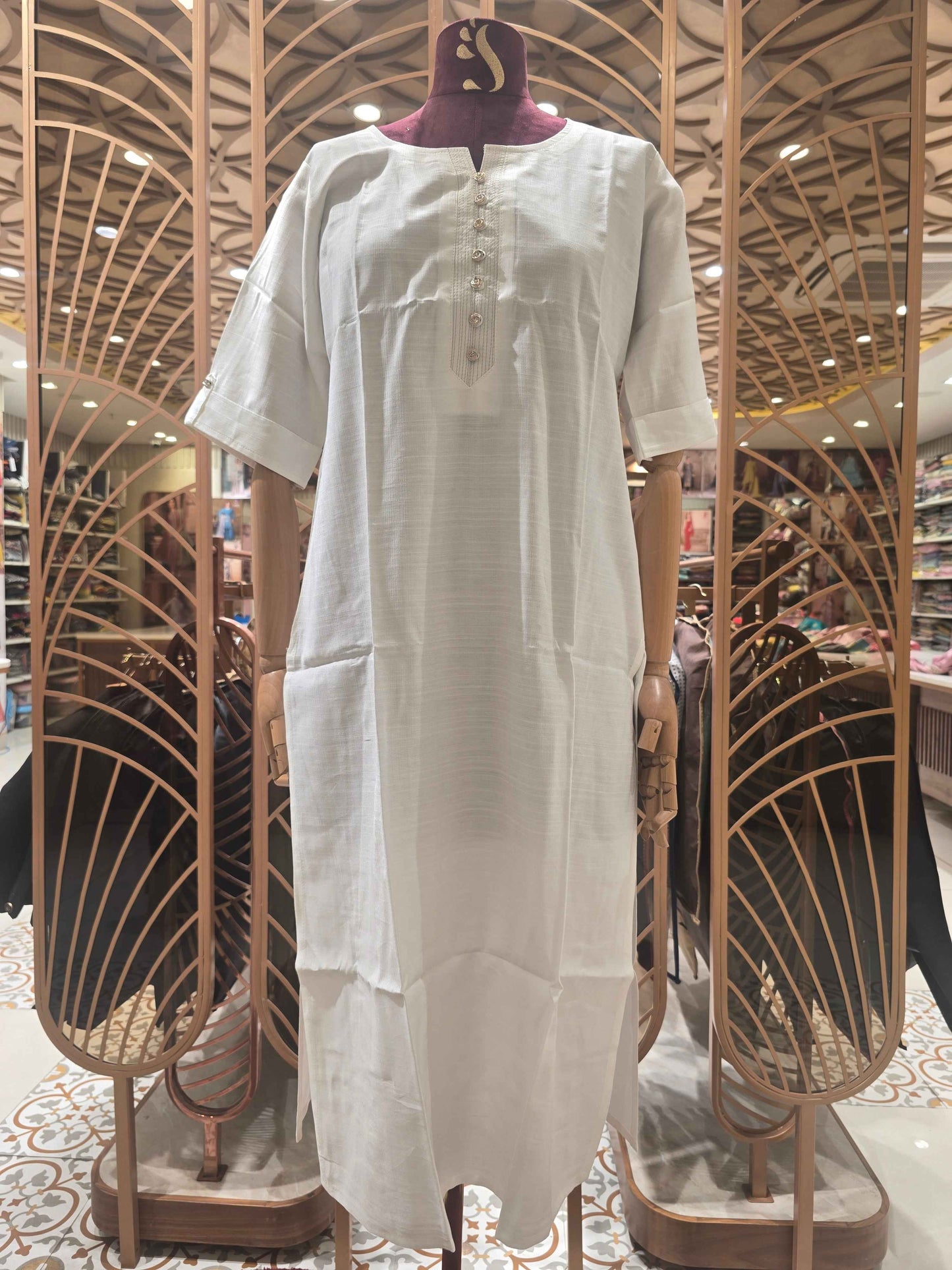 Lenin cotton material half white color kurti with ¾ sleeves