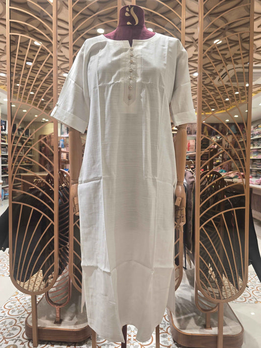 Lenin cotton material half white color kurti with ¾ sleeves