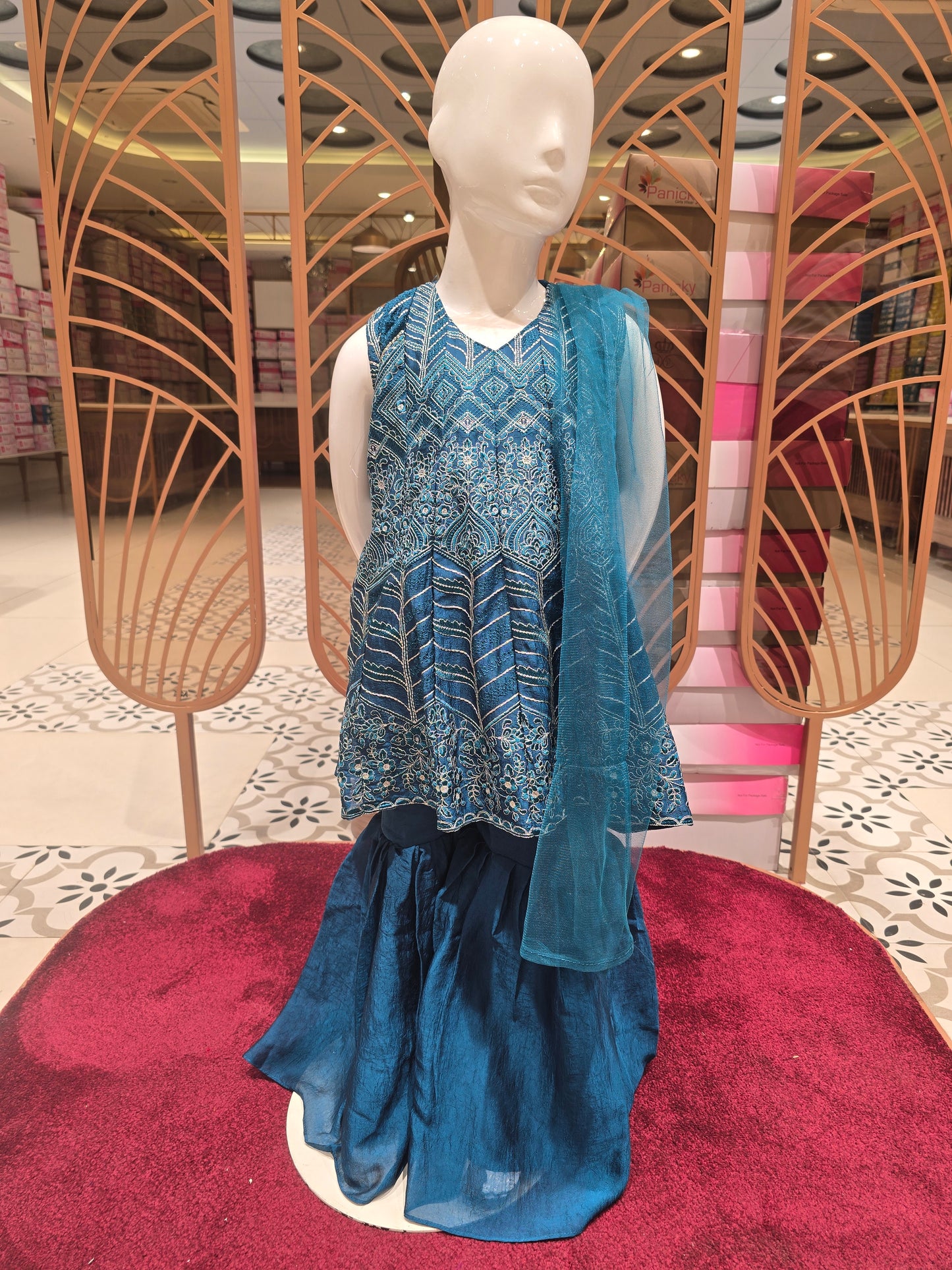 Girls Metallic Blue Crepe Sharara Set with Umbrella Top and Embroidery
