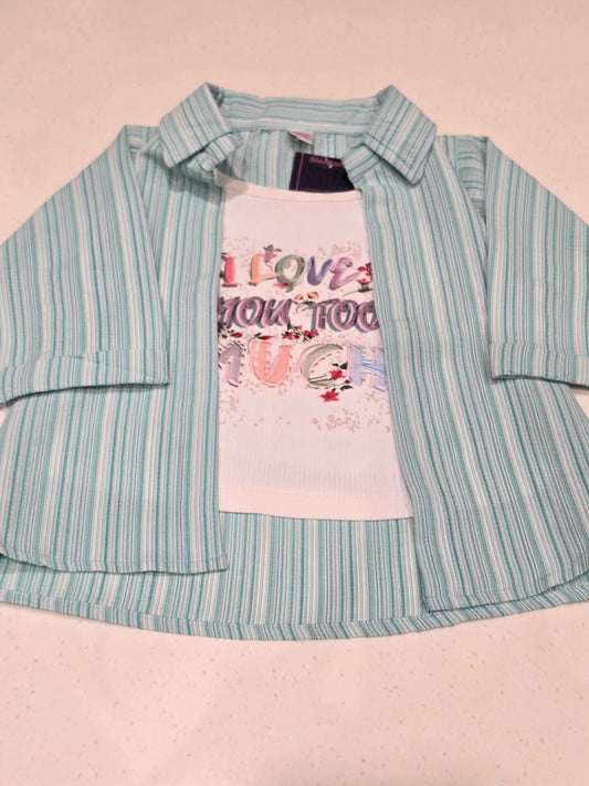 casual matching set featuring a green-and-white vertically striped button-down shirt layered over a white graphic t-shirt with text reading