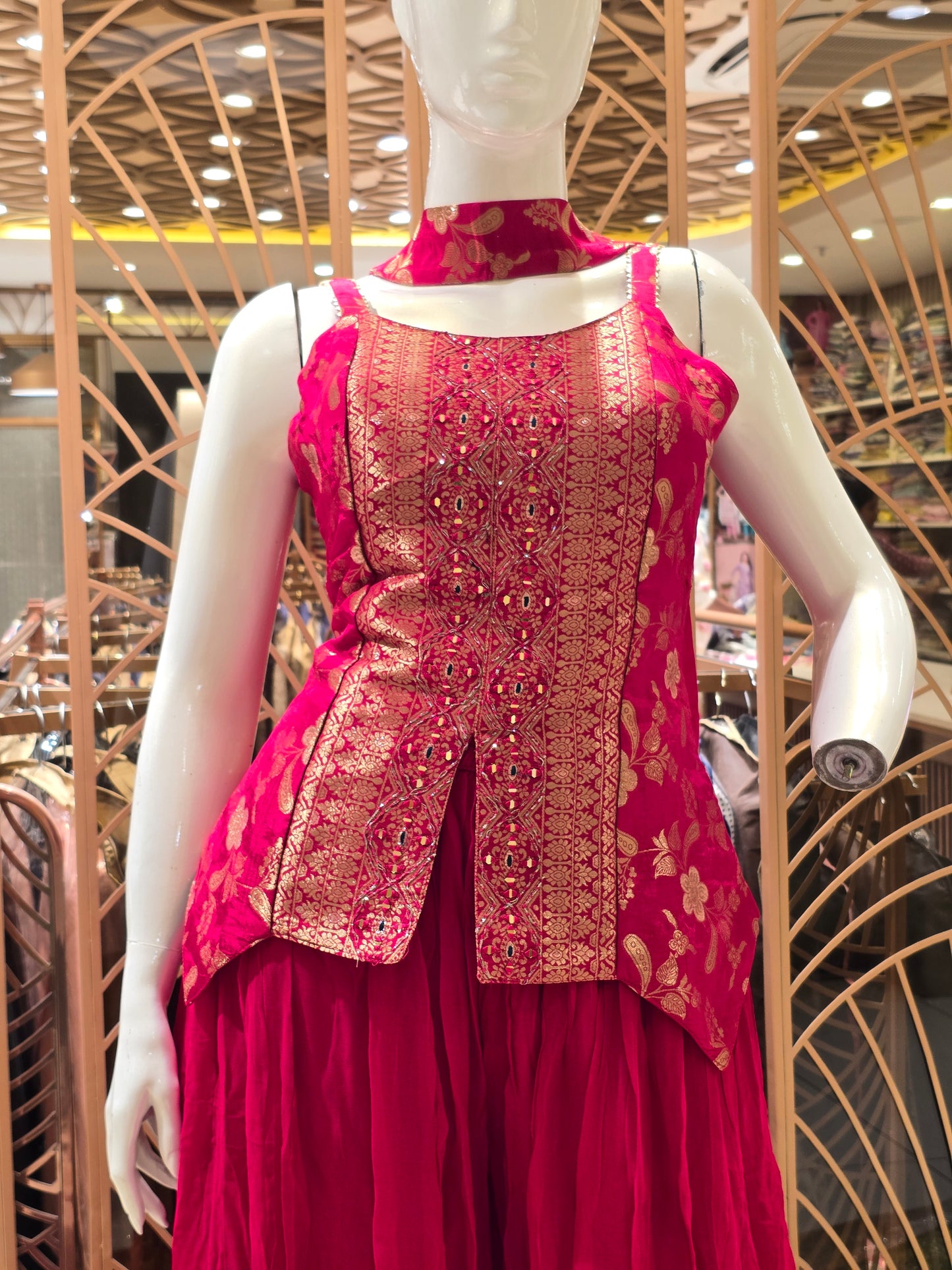 Women Cherry Pink Banarasi Sharara Set