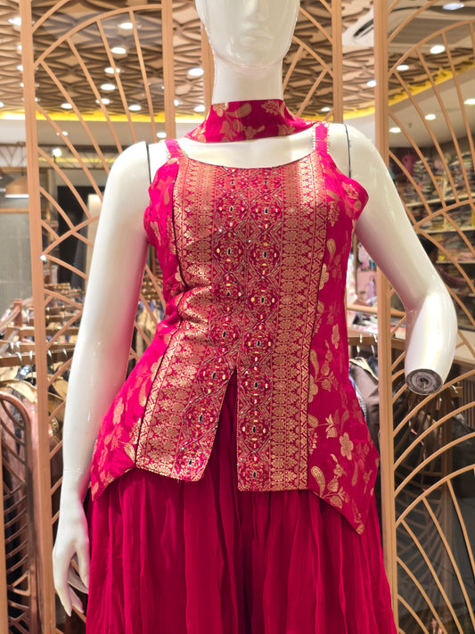 Women Cherry Pink Banarasi Sharara Set