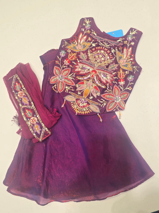 Wine Shining Crepe Sharara Set for Girls with Handworked Designer Top