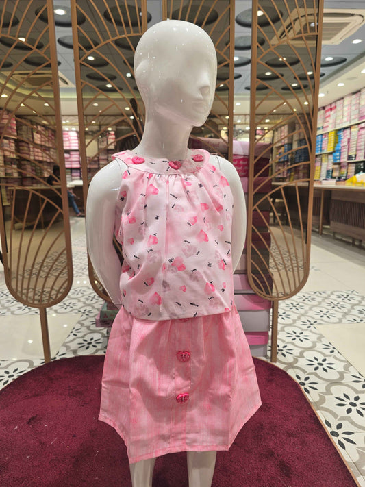 Printed cotton material baby pink colour skirt with top (western wear)