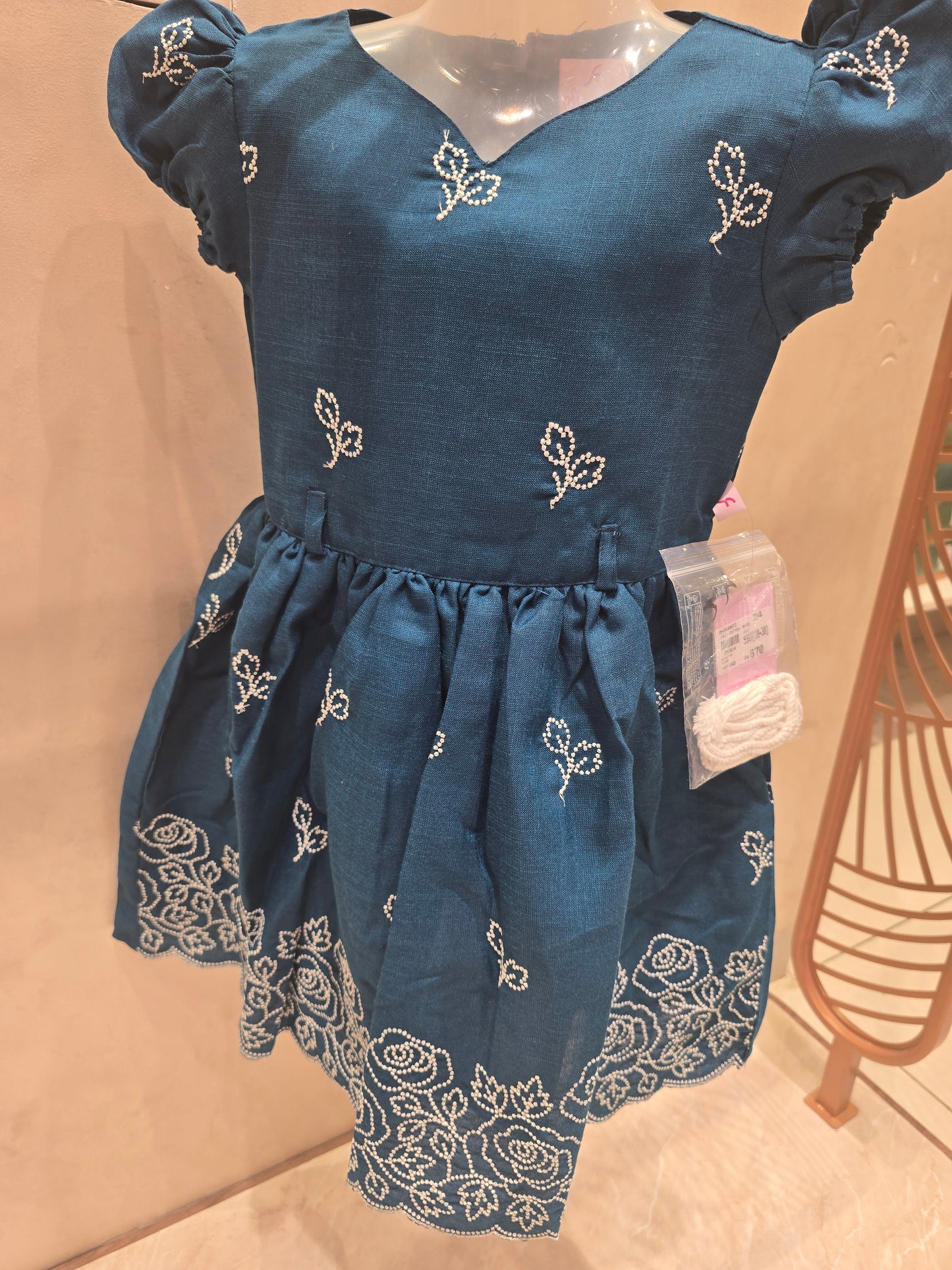 Peacock Blue Linen Cotton Frock with Thread Embroidery & Puff Sleeves