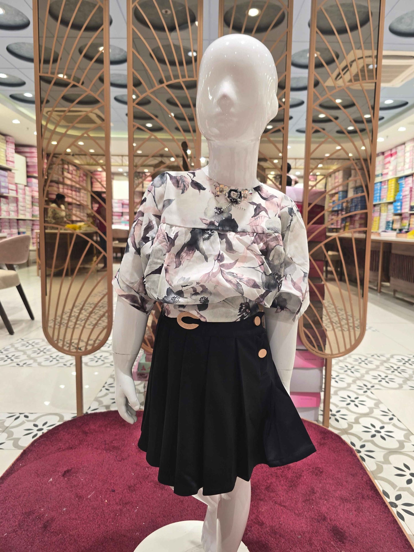 Floral Printed chiffon material light pista based western wear. Detachable top & mini skirt and Elbow sleeves