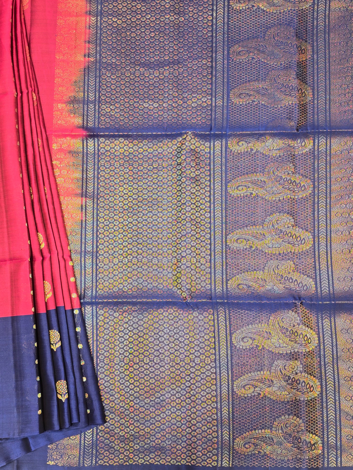 Pure Kanjivaram softsilk pink with navy blue color saree with mango rich pallu