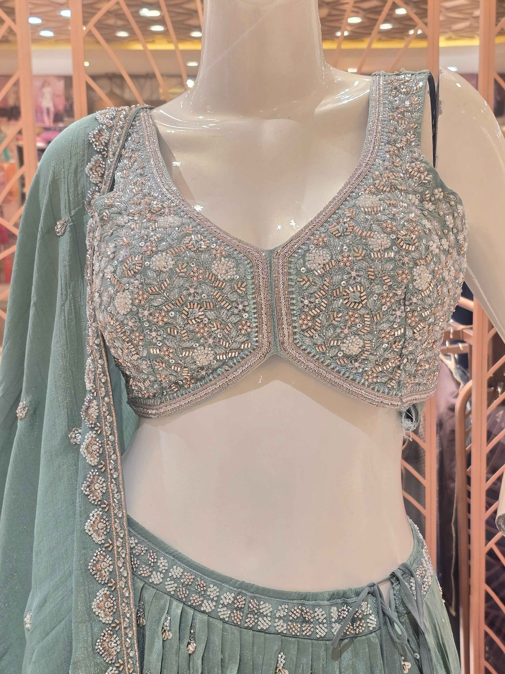 Women Pista Green Tissue Silk Bridal Lehenga Set