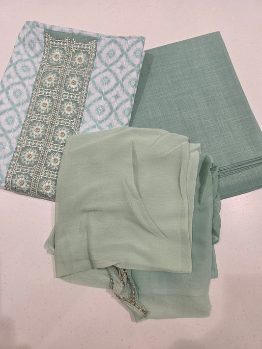 Pista White Semi Cotton Dress Material