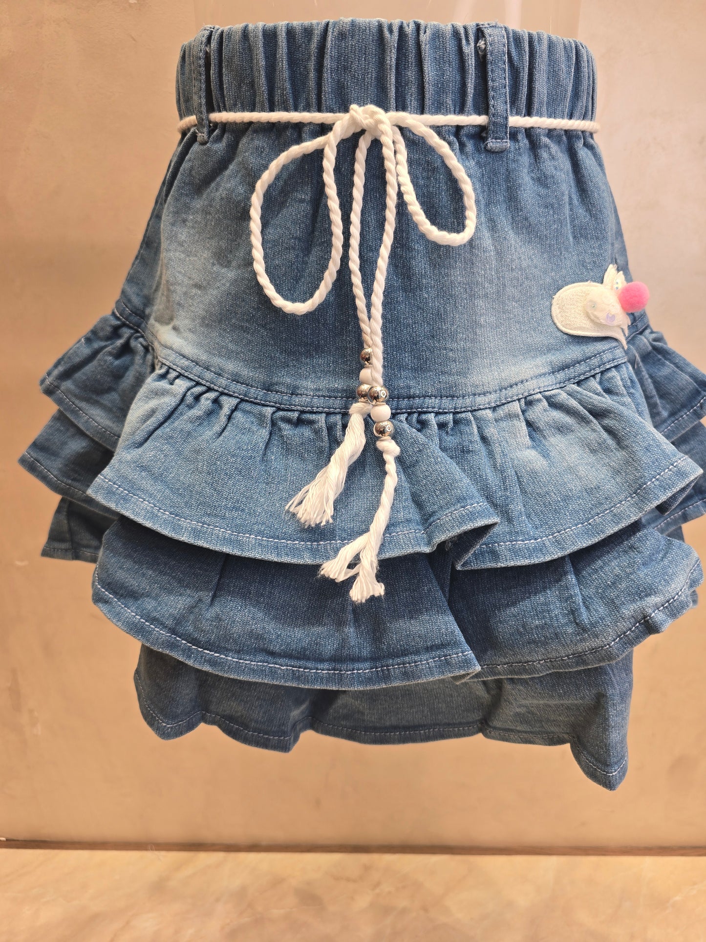 Blue Denim Lycra Skirt for Girls with Side Bow Design, White Knitted Lace Detailing and Elastic Waistband