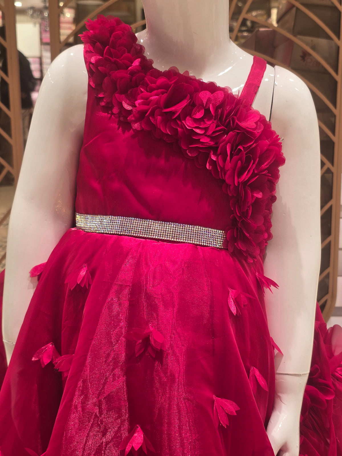 Girls Rani Pink Shimmer Satin Short Frock with Rose Shoulder Design