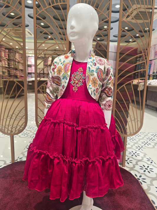 Girls Cherry Red Crepe Short Frock with Printed Open Jacket