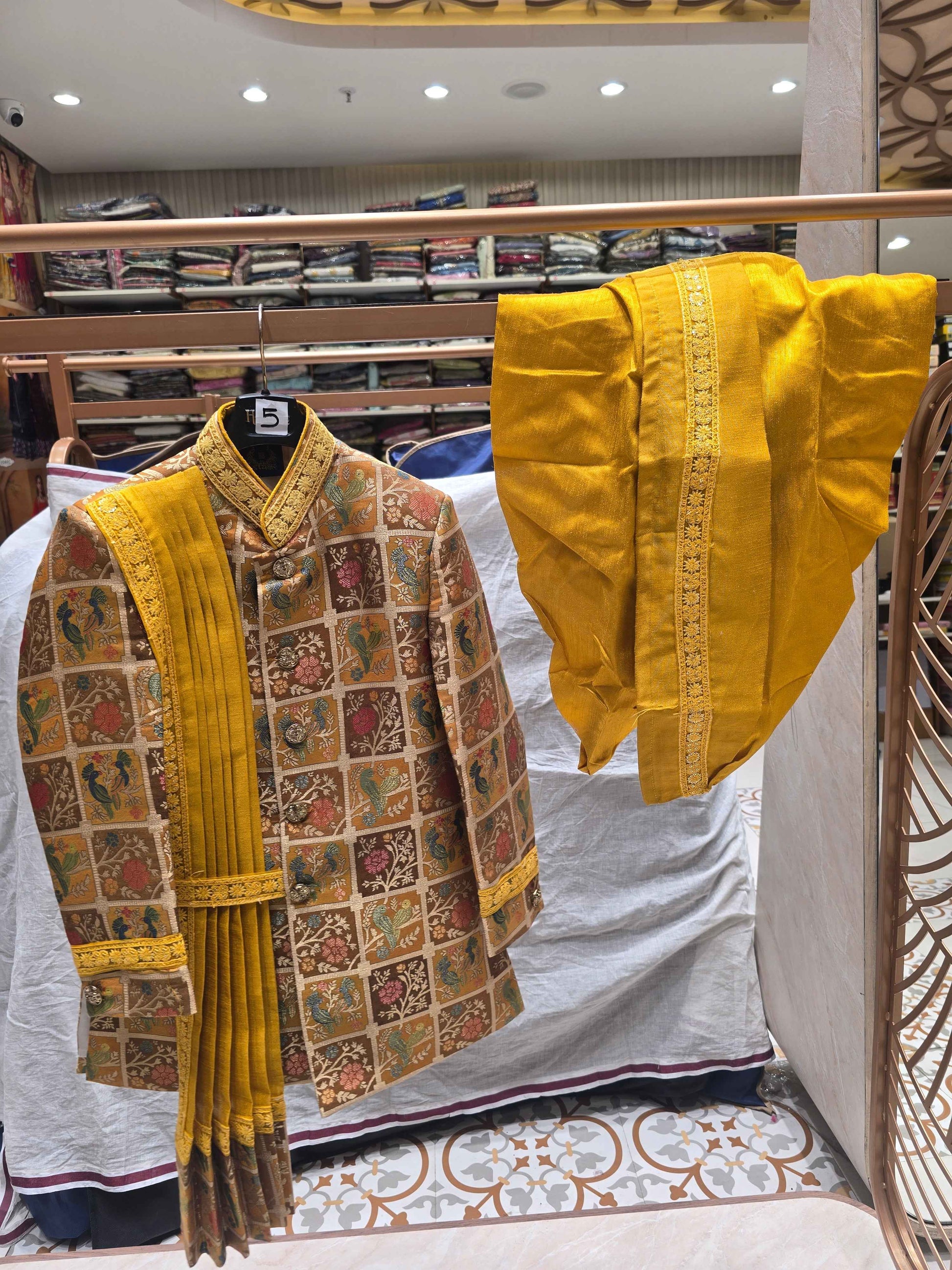 Boys mustred base Dupion Silk Indo-Western Set with checked Design and Mala