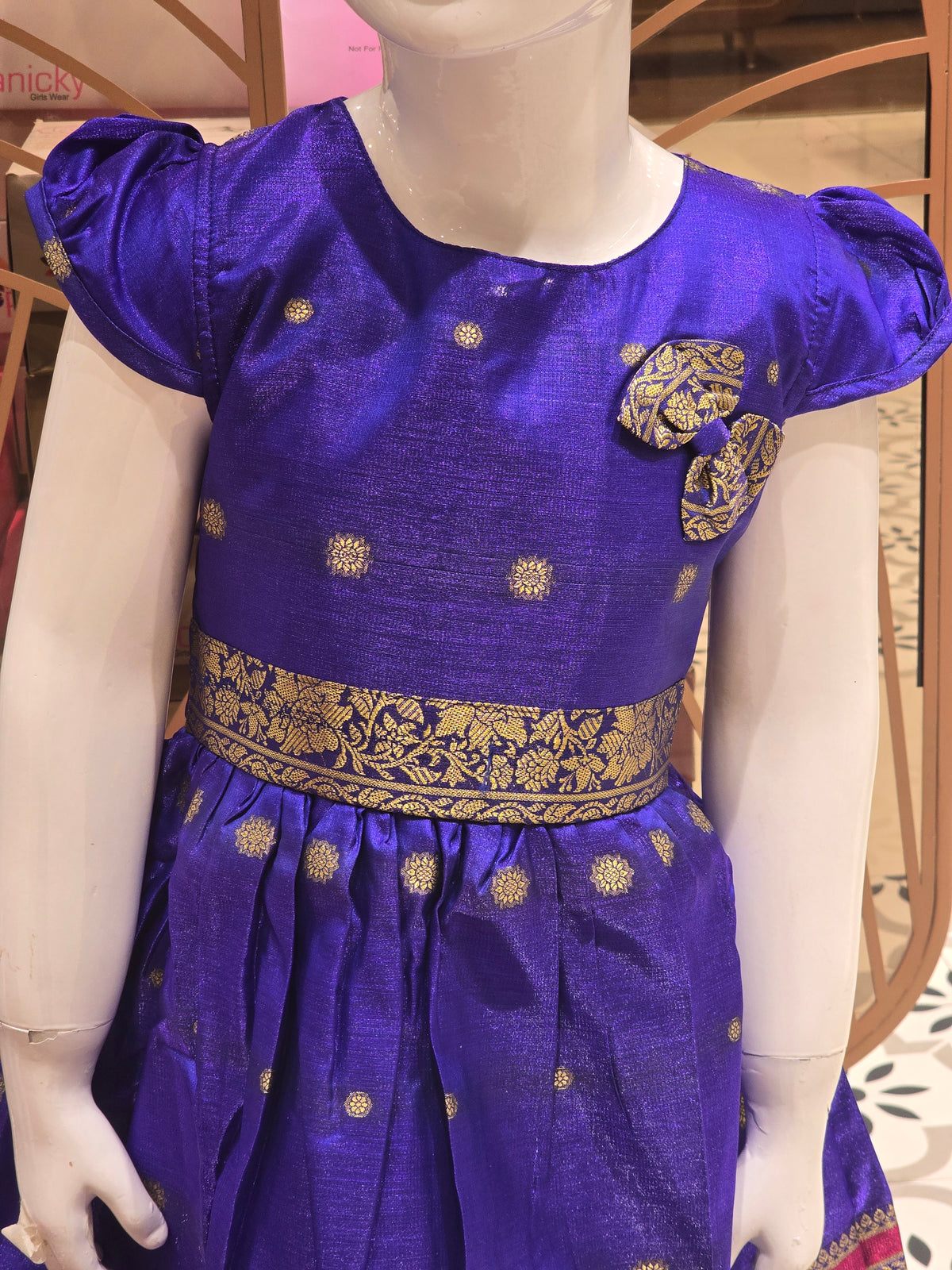 Blue South Indian Pattu Style Cotton Frock for Girls