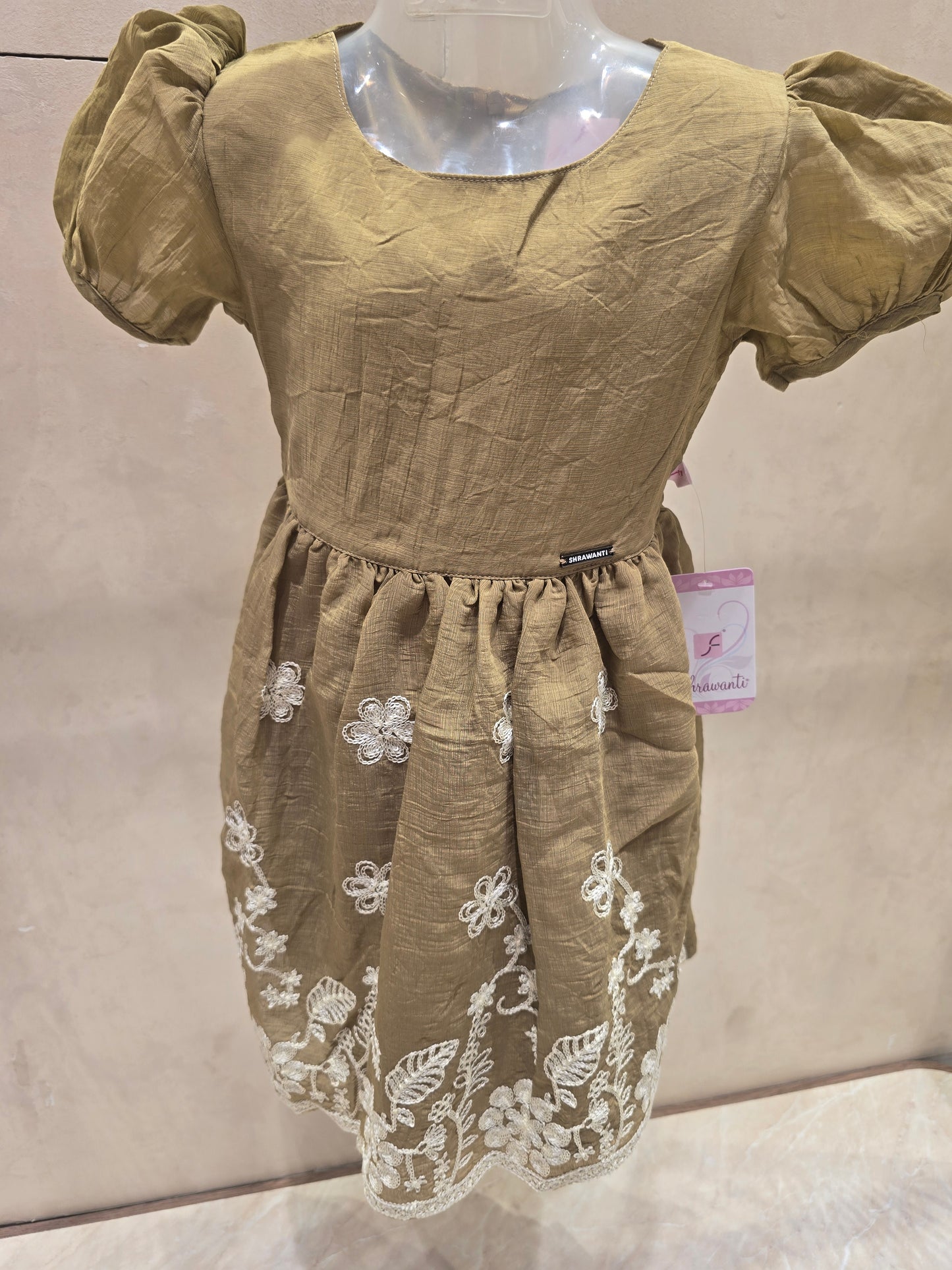 Fawn Soft Cotton Short Frock with Floral & Leaf Embroidery and Puff Sleeves
