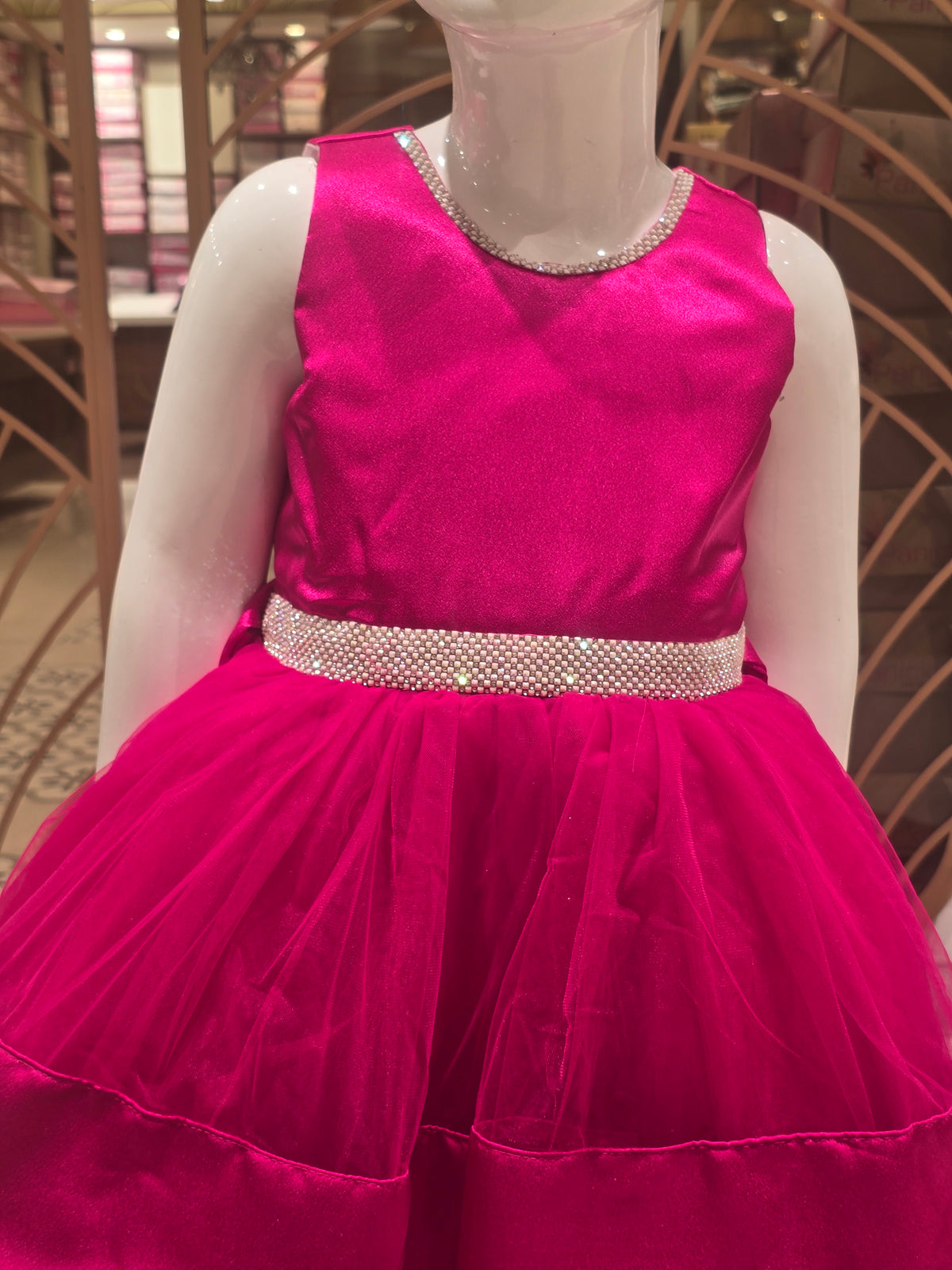 Girls Baby Pink Knitted Short Frock with Stone Waist Detail