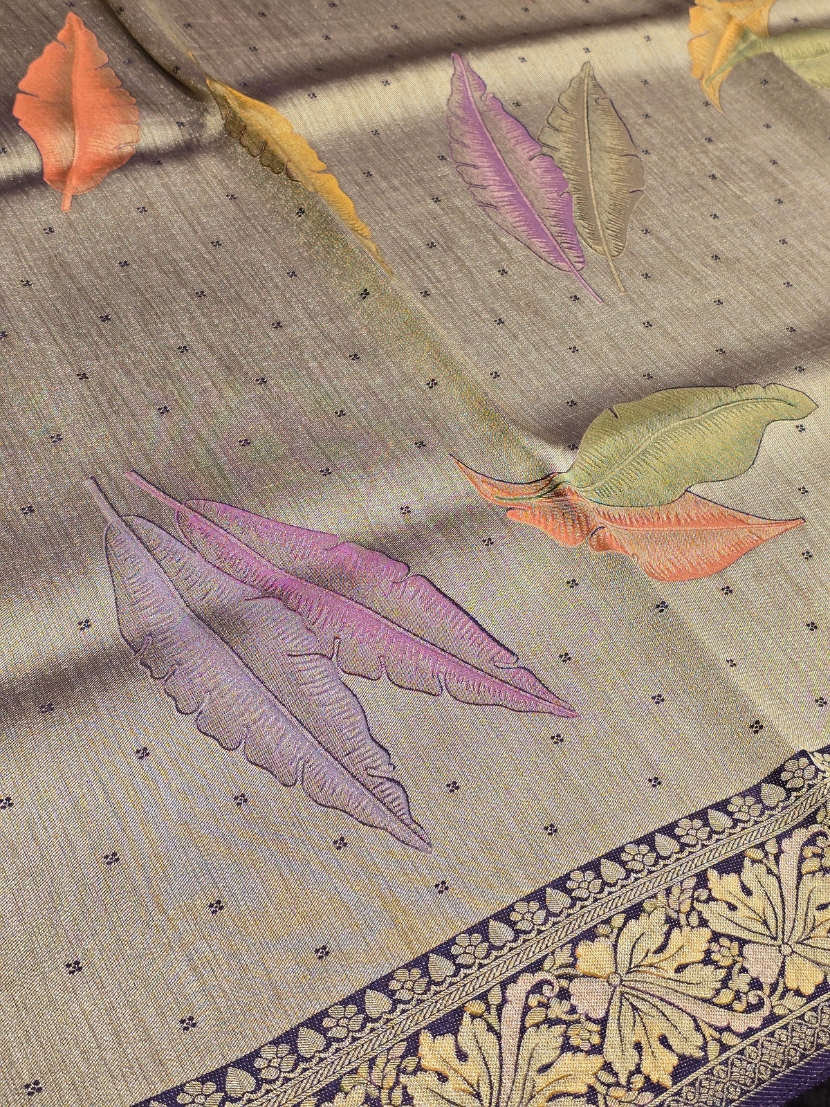 Exclusive Banana Silk Saree with Multi-Coloured & Leaf Design , and micro rose butta ,  Rich Pallu and Traditional Border – Festive Wear