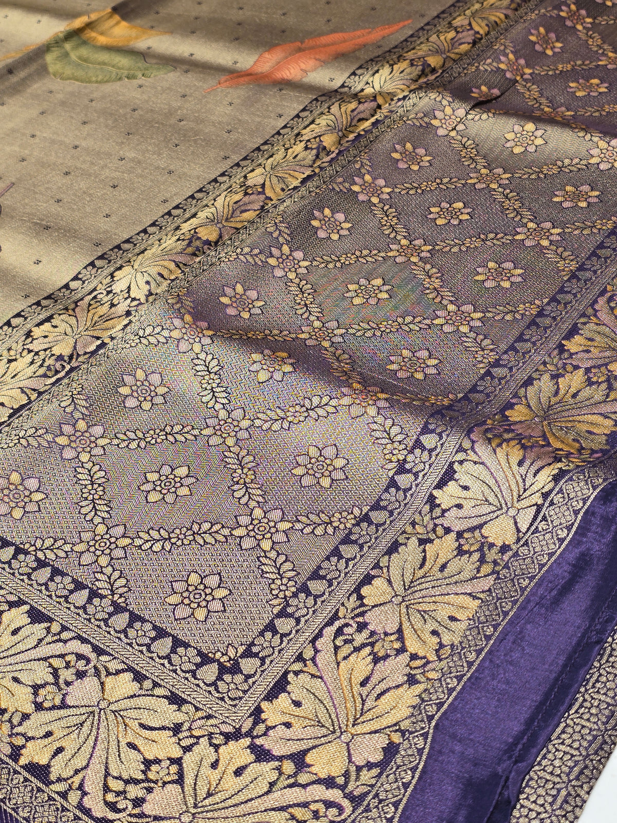 Exclusive Banana Silk Saree with Multi-Coloured & Leaf Design , and micro rose butta ,  Rich Pallu and Traditional Border – Festive Wear