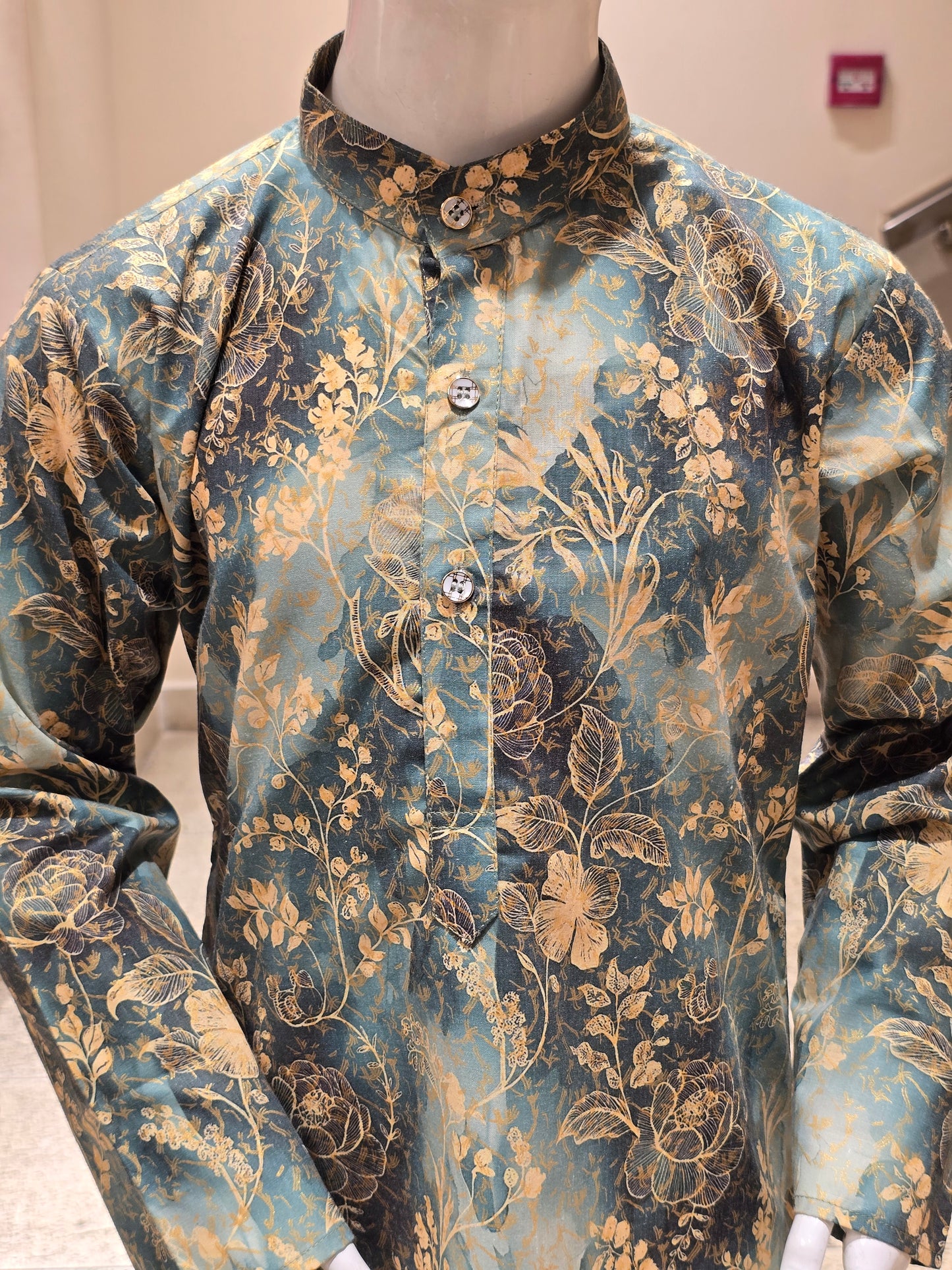 Green Printed Cotton Kurta Set for Boys