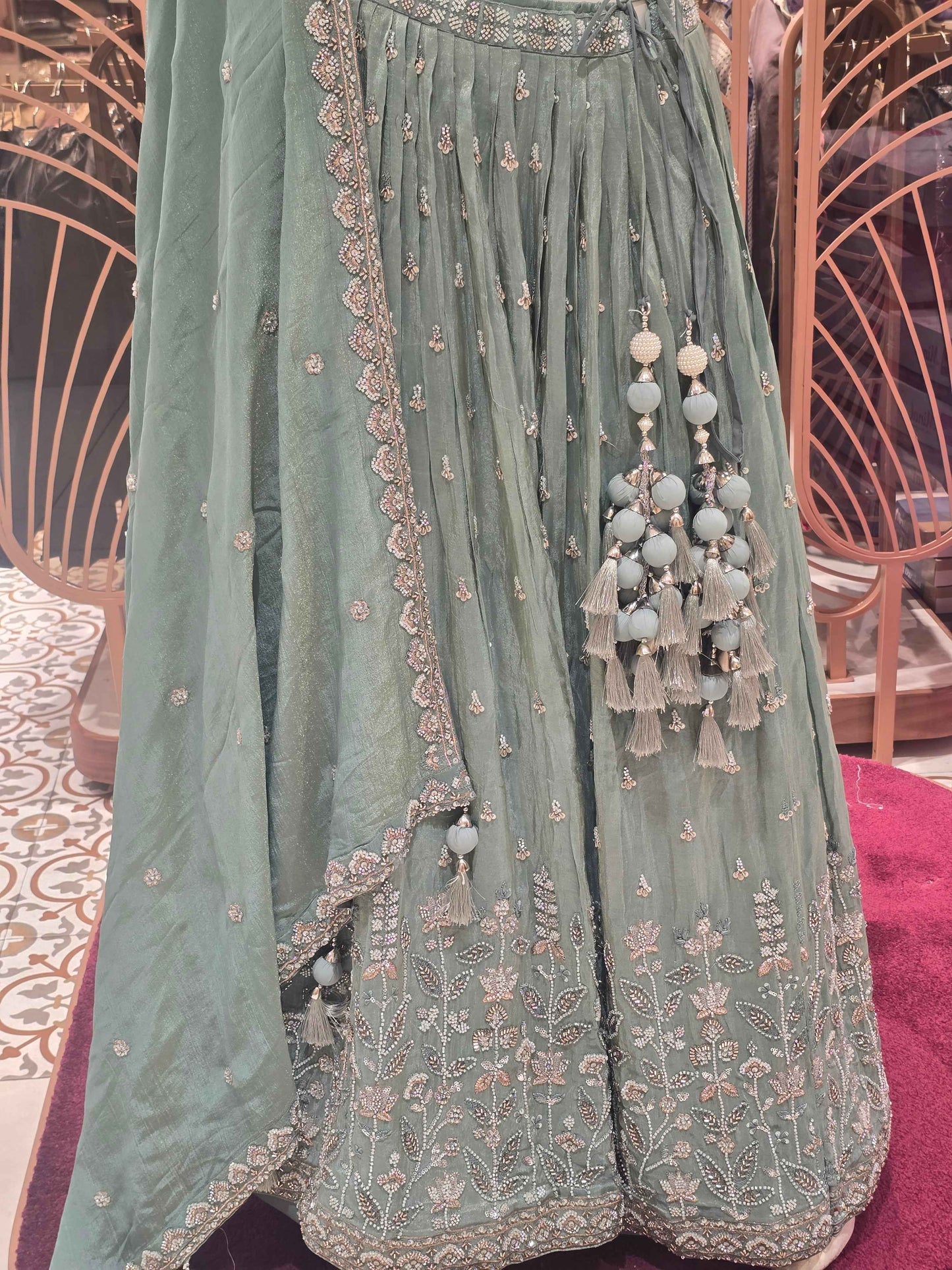 Women Pista Green Tissue Silk Bridal Lehenga Set