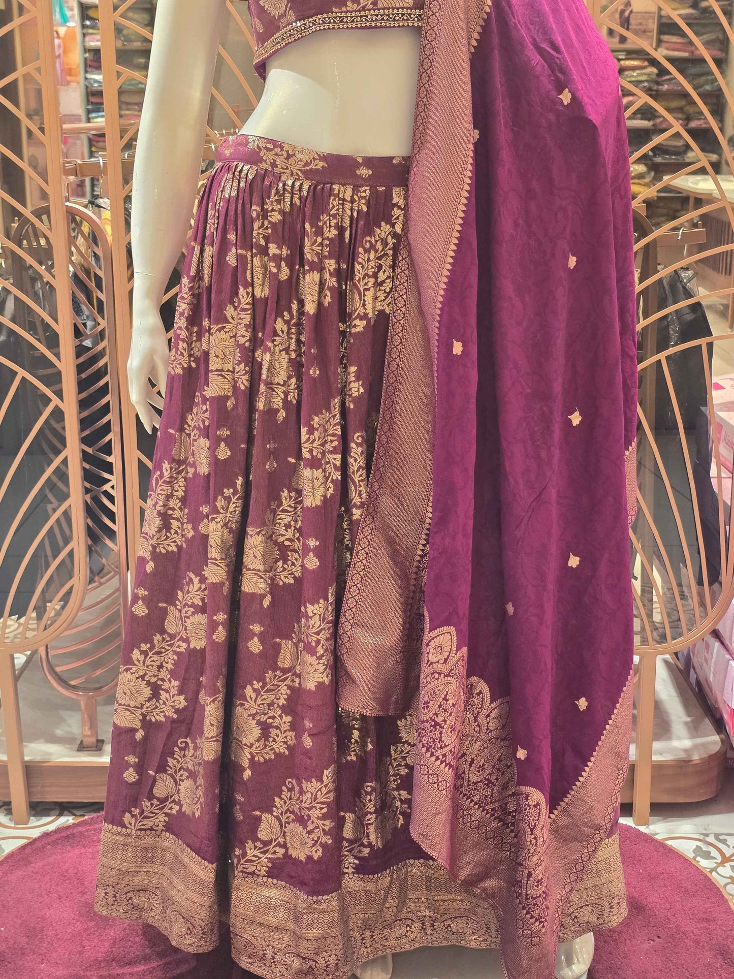 Women Burgundy Wine Banarasi Lehenga Set