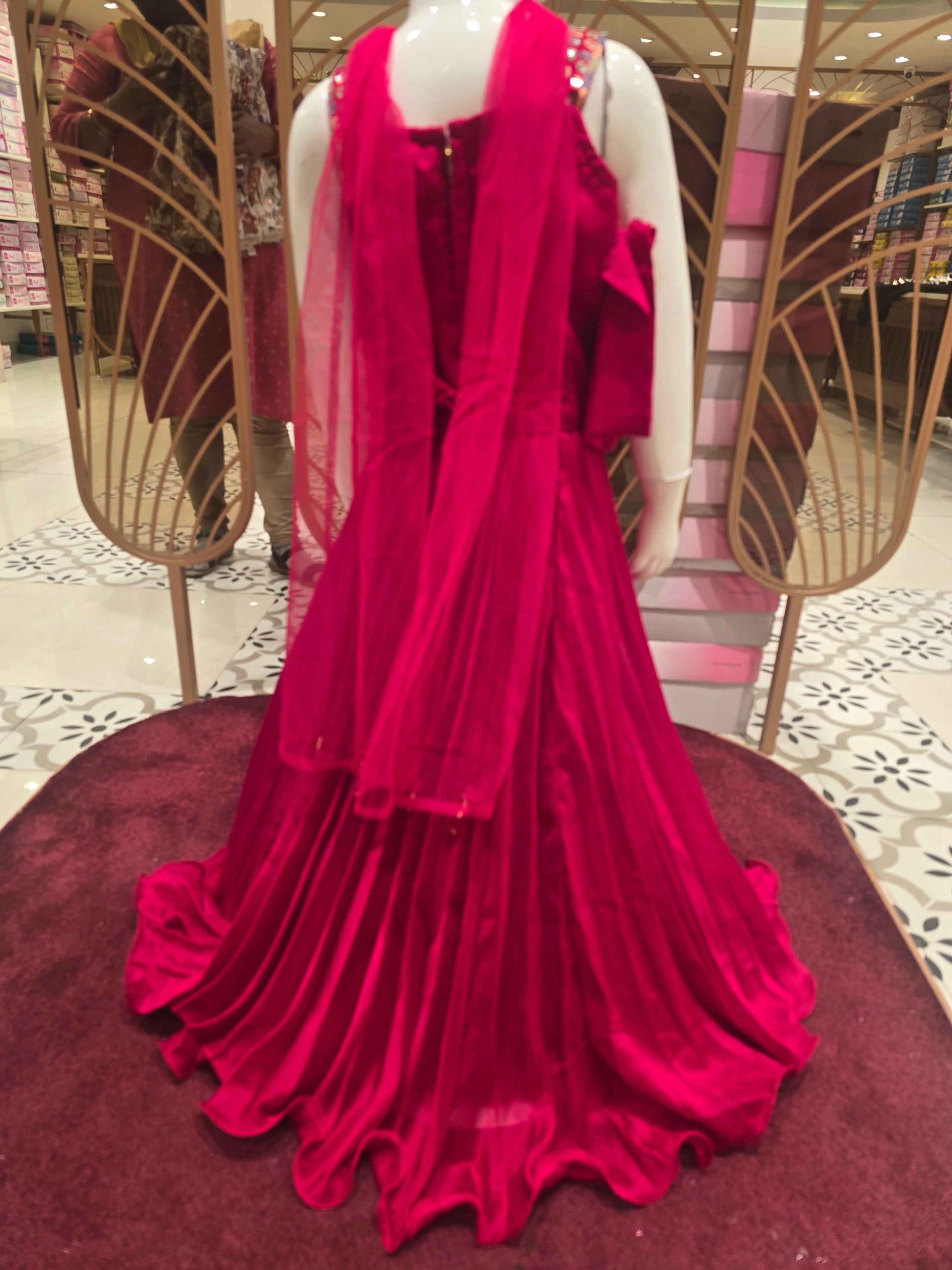 Chiffon georgette Cherry red coloured party wear gaghra with sequence work and zigzag neck. Speghetti sleeves