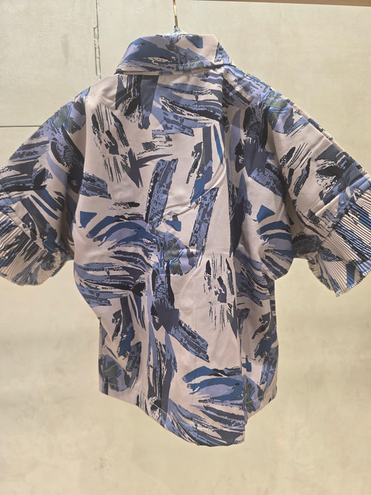 Girl Cream Blue Printed Satin Western Shirt