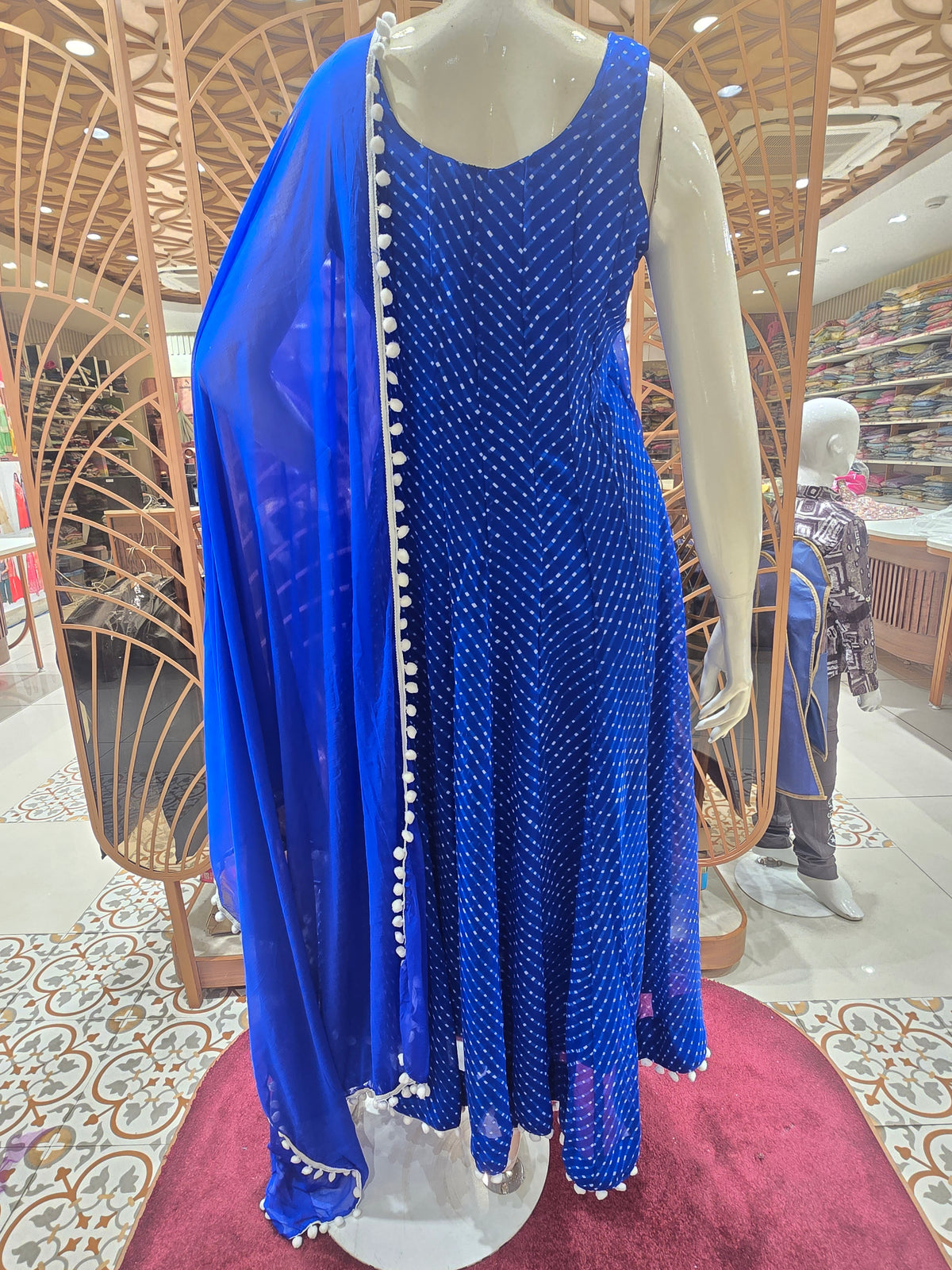 royal blue Leheriya printed Anarkali suit set.
