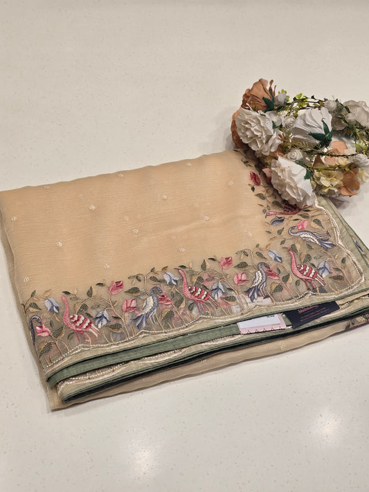 Glass Silk Saree with Crush Material, Small Butta Floral & Peacock Fancy Border – Party Wear