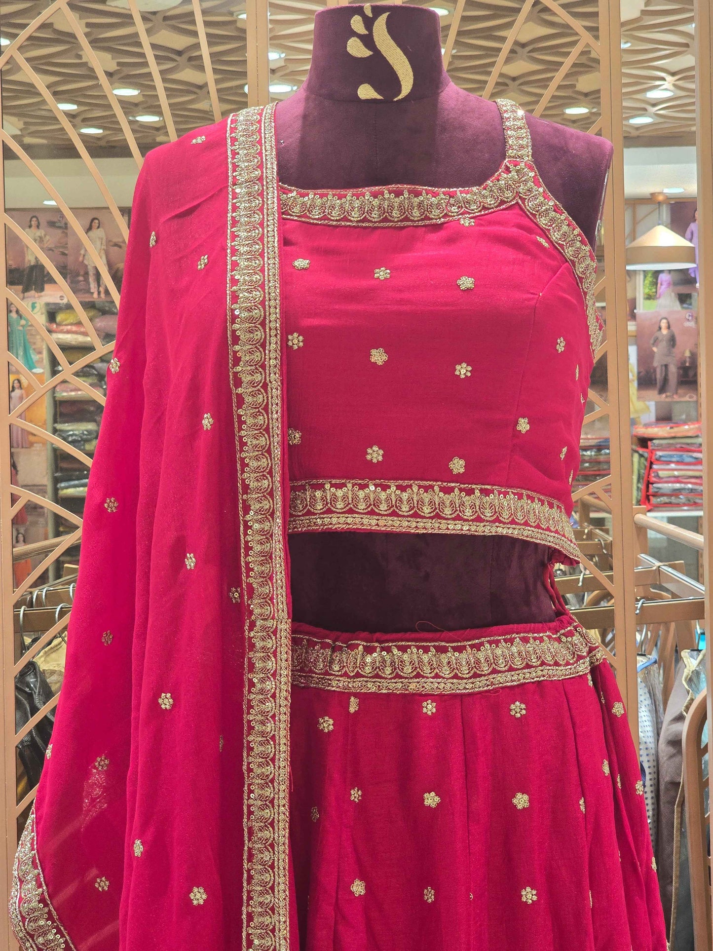 Women Rani Pink Crepe Lehenga Set