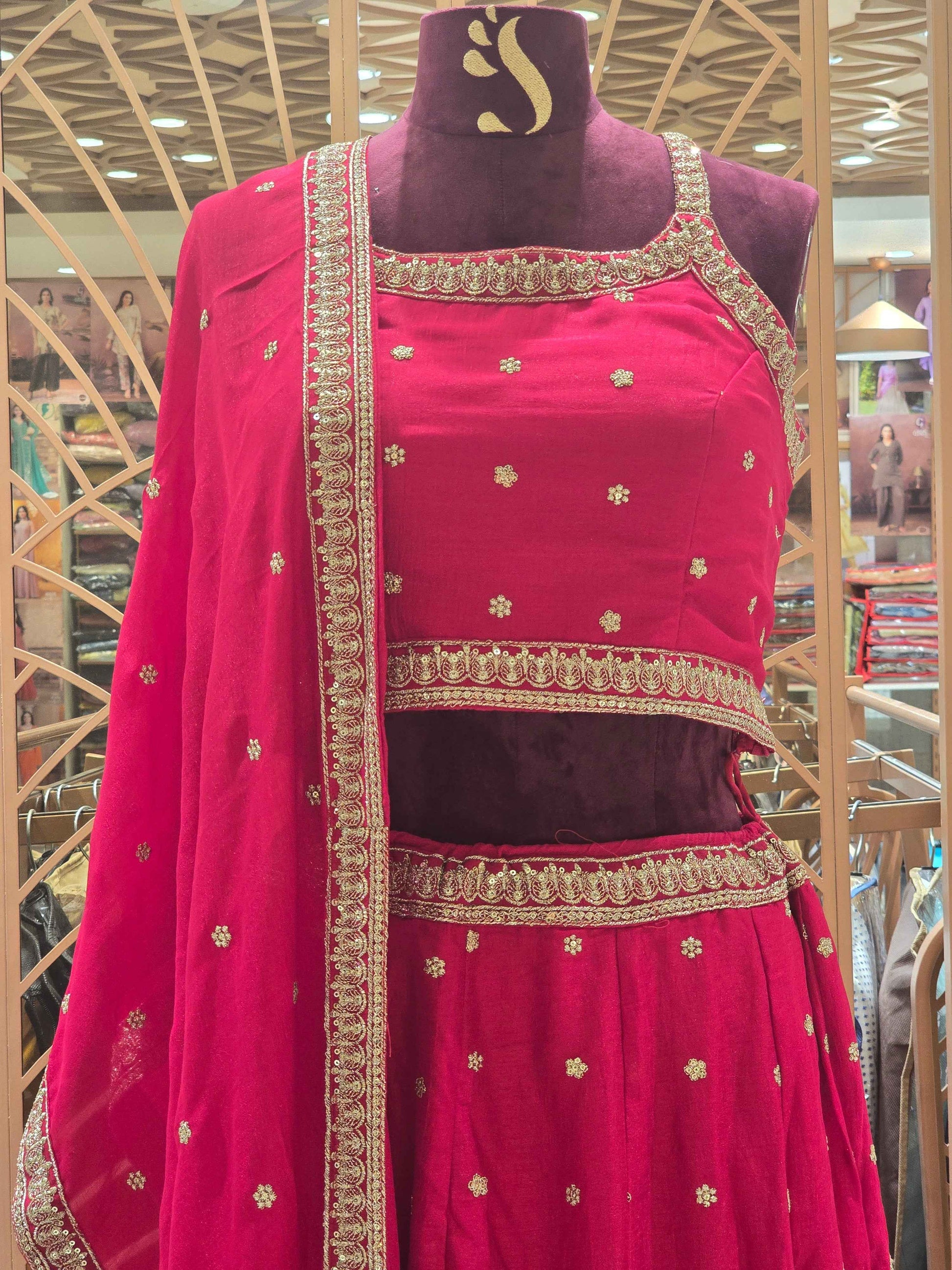 Women Rani Pink Crepe Lehenga Set