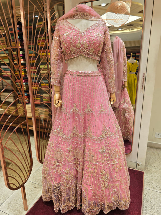 Pink Knitted Bridal Lehenga Set