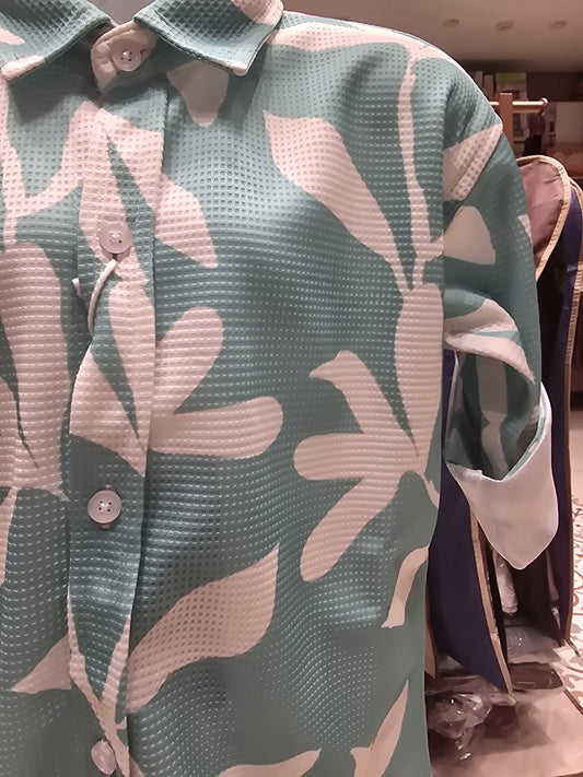 Green Lycra Cotton Shirt for Boys with Cream Floral Print, Full Sleeves and Classic Collared Neck