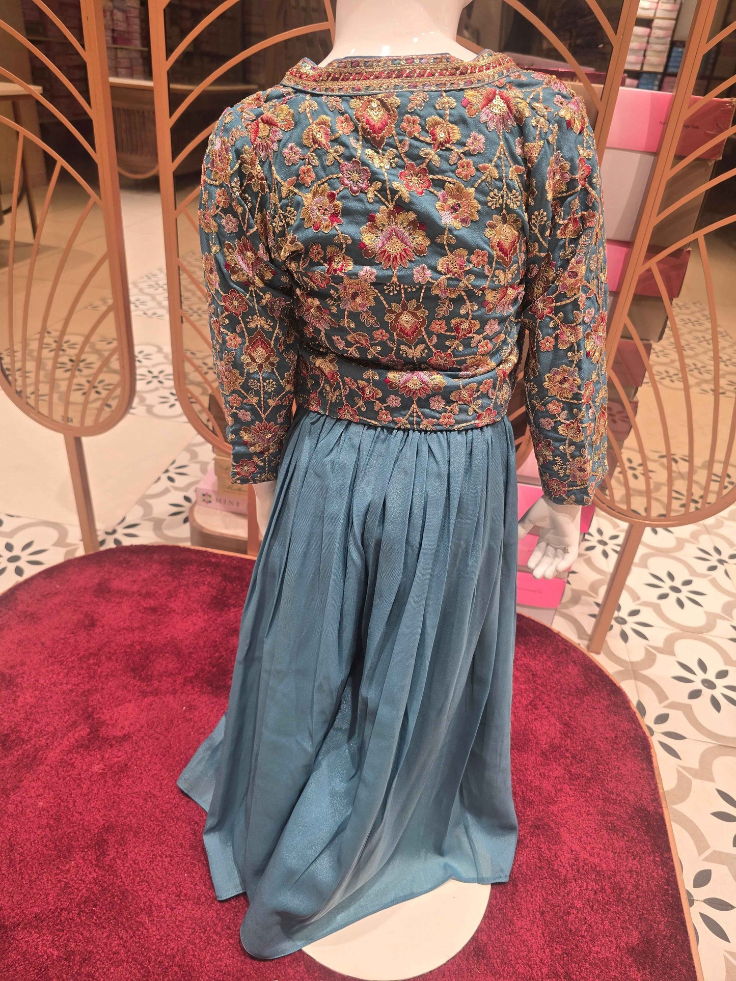Crepe material grayish blue color sharara set with embroidery work on inner & jacket