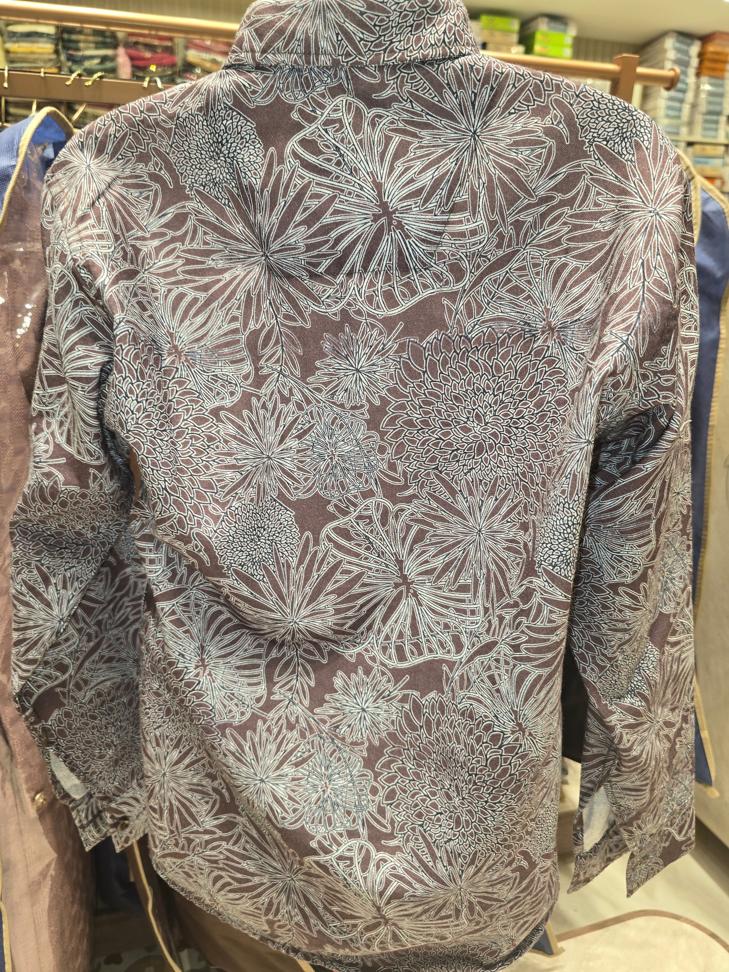 Boys Brown Cotton Printed Shirt with White Floral Design and Full Sleeves