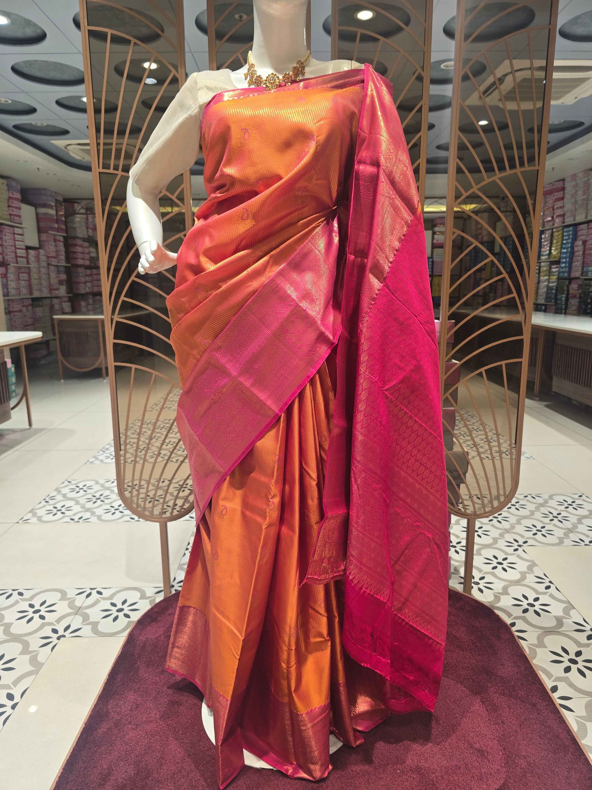 Semi kanjivaram silk saree , double strips wifh mango motifs and rich pallu