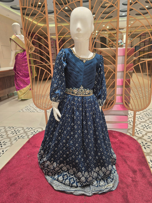Peacock Blue Chiffon Crepe Gown for Girls