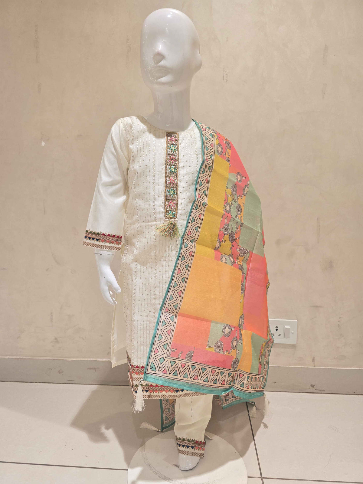 Chanderi silk material half white colour Chudidar set with embroidery & sequin work