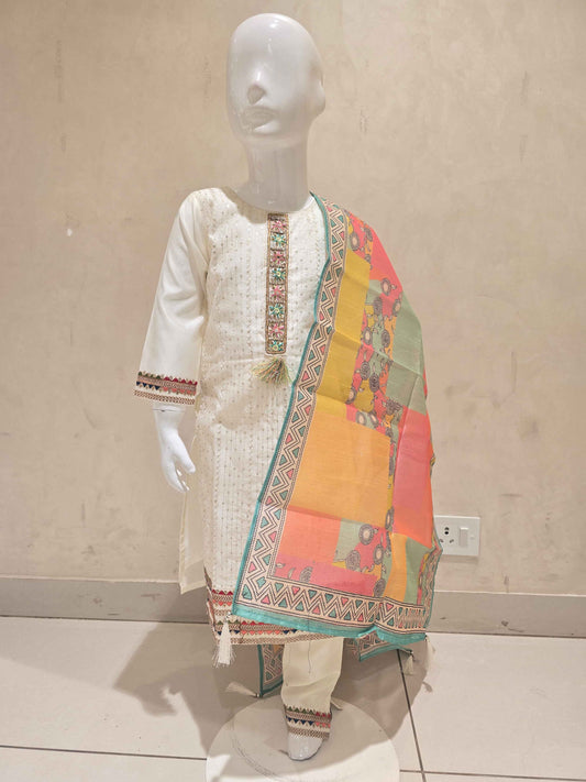 Chanderi silk material half white colour Chudidar set with embroidery & sequin work