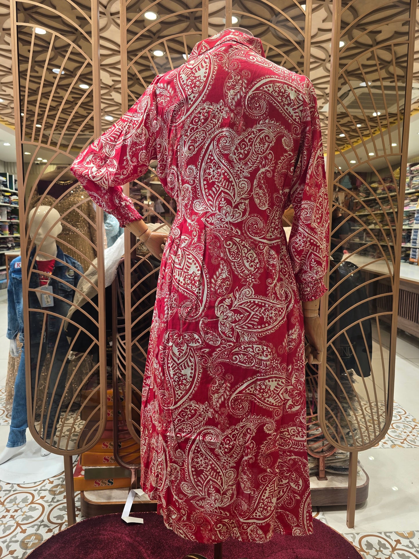 Women’s Umbrella Style Kurta in Red with Mango Design Prints, Collar Neck and Full Sleeves for Daily Wear