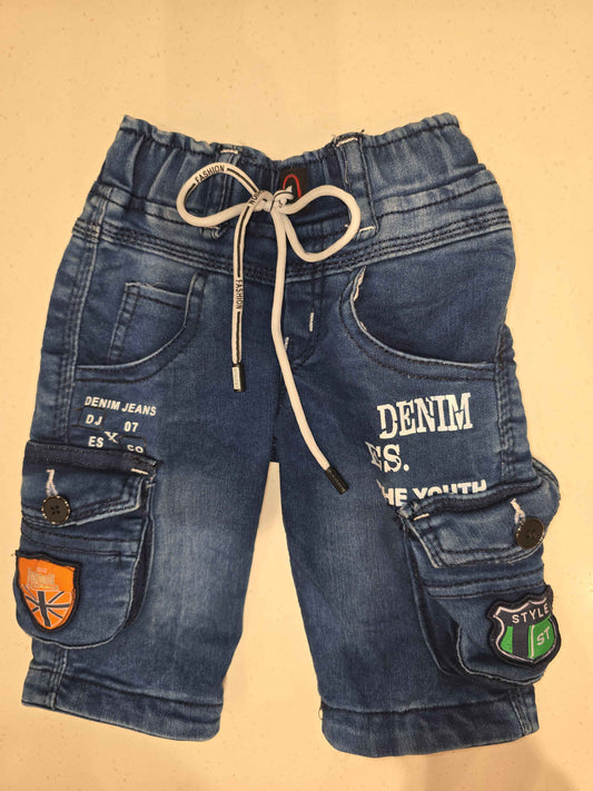 Denim material cargo shorts for boy with printed and round Elasticable with long tie