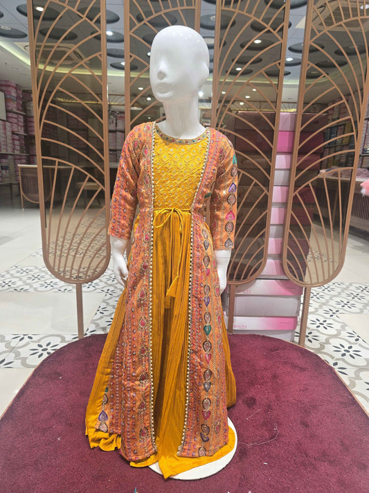 Girl Mustard Crepe Ethnic Gown with Jacket