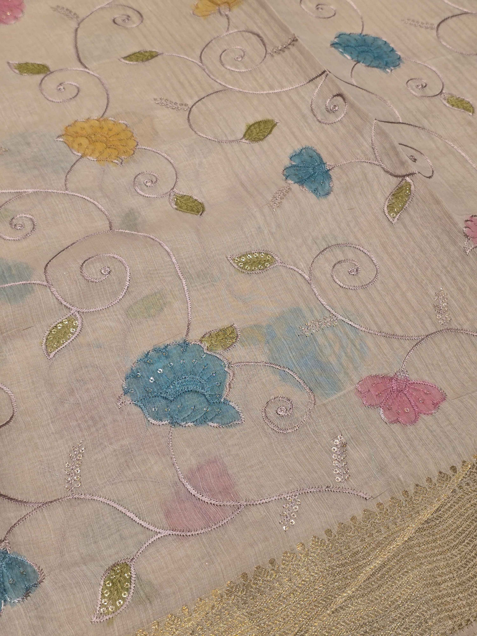 Tussar Saree with Multicolour Embroidery & Sequin